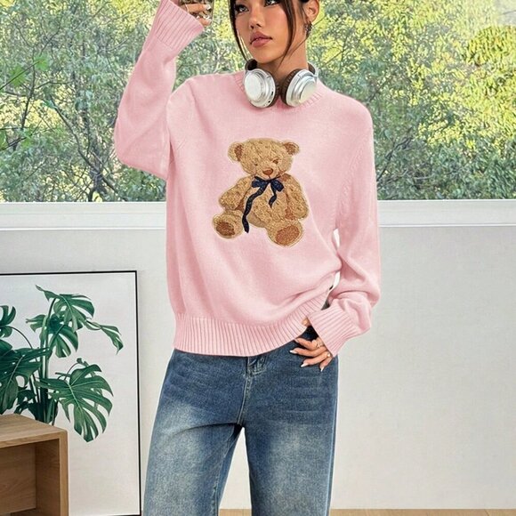 Pink Casual Women's Rib-Knit Long Sleeve Teddy Bear Embroidery Sweater - Picture 4 of 6